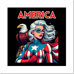 America Patriotic Female Superhero USA July 4th Posters and Art